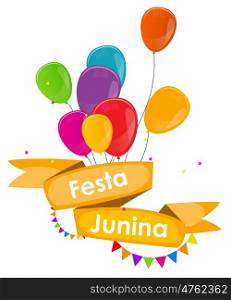 Festa Junina Holiday Background. Traditional Brazil June Festival Party. Midsummer Holiday. Vector illustration with Ribbon, Balloons and Flags. EPS10