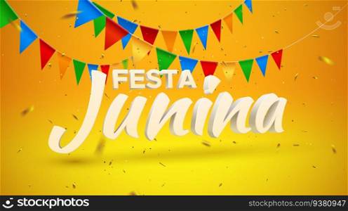 Festa Junina holiday sign with bunting flags and golden confetti