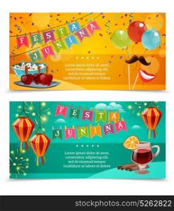 Festa Junina Horizontal Banners . Festa junina horizontal banners with garland of flags colored balloons bowl of popcorn and glass of red wine with spices flat vector illustration