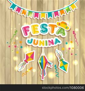 Festa Junina logotype with flags on wooden texture. Festa Junina logotype with flags on texture