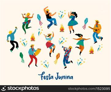 Festa Junina. Vector illustration of funny dancing men and women in bright costumes. Latin American holiday, the June party of Brazil.. Festa Junina. Vector illustration of funny dancing men and women in bright costumes.
