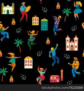 Festa Junina. Vector seamless pattern with dancing men and women in bright costumes. Latin American holiday, the June party of Brazil.. Festa Junina. Vector seamless pattern.