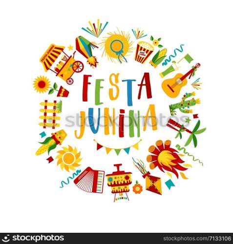 Festa Junina village festival in Latin America. Icons set in bright color.. Festa Junina village festival in Latin America. Icons set illustration.