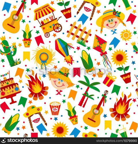 Festa Junina village festival in Latin America. Icons set in bright color. Flat style decoration. Seamless pattern.. Festa Junina village festival in Latin America.