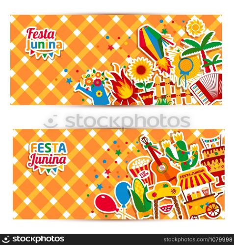 Festa Junina village festival in Latin America. Icons set in bright color. Flat style decoration. Banners set.. Festa Junina village festival in Latin America. Icons set in bri