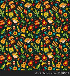 Festa Junina village festival in Latin America. Icons set in bright color. Flat style decoration. Seamless pattern on dark.. Festa Junina village festival in Latin America. Icons set in bri