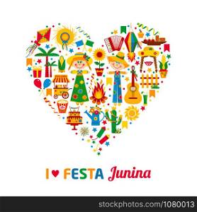 Festa Junina village festival in Latin America. Icons set in bright color. Flat style decoration. I love festa junina. Heart of color icon set.. Festa Junina village festival in Latin America. Icons set in bri