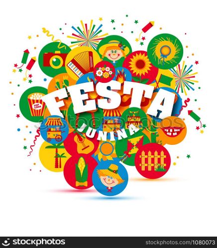 Festa Junina village festival in Latin America. Icons set in bright color. Flat style decoration.. Festa Junina village festival in Latin America. Icons set in bri