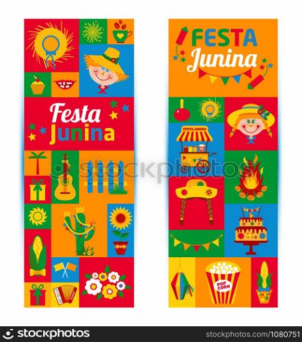 Festa Junina village festival in Latin America. Icons set in bright color. Flat style decoration. Banners set.. Festa Junina village festival in Latin America. Icons set in bri