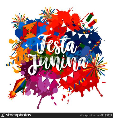Festa Junina village festival in Latin America. Icons set in bright color. Flat style decoration.. Festa Junina village festival in Latin America. Lettering illustration on bright blots.