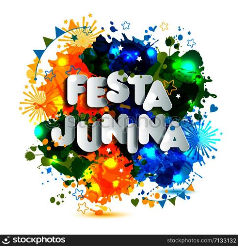 Festa Junina village festival in Latin America. Icons set in bright color. Flat style decoration.. Festa Junina village festival in Latin America. Lettering illustration on bright blots.