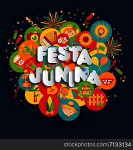 Festa Junina village festival in Latin America. Icons set in bright color. Flat style decoration.. Festa Junina village festival in Latin America. Icons set illustration.