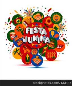 Festa Junina village festival in Latin America. Icons set in bright color. Flat style decoration.. Festa Junina village festival in Latin America. Icons set illustration.