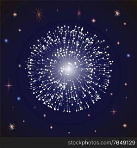 Festival decoration with bright colors. Fireworks and pyrotechnics for holidays celebration. New Year and Christmas party. Sky with stars, abstract shapes glowing in dark. Vector in flat style. Firework at Night Sky with Stars Holiday Decor