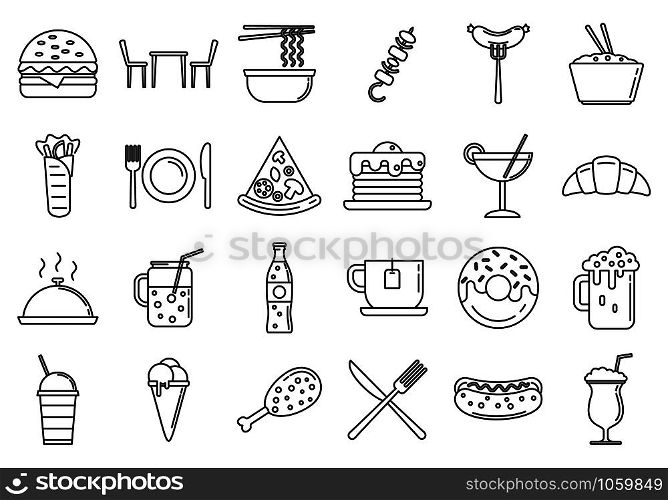 Festival food courts icons set. Outline set of festival food courts vector icons for web design isolated on white background. Festival food courts icons set, outline style