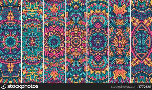 Festival Mandala pattern set with bright color psychedelic print design. Ethnic tribal tracery label background collection. Ethnic geometric pattern bookmark psychedelic print.