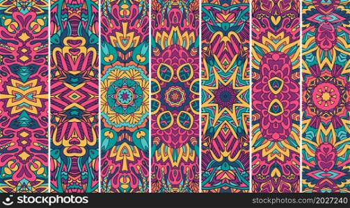 Festival Mandala pattern set with bright color psychedelic print design. Ethnic tribal geometric vertical banners ornamental collection gypsy style. Ethnic tribal geometric banner collection with mandala art in bright colors