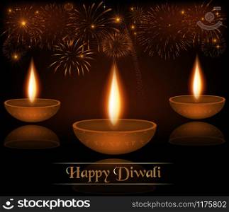 Festival of Lights, Happy Diwali Celebration. Elegant Traditional Lamps and fireworks on background