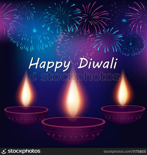 Festival of Lights, Happy Diwali Celebration. Elegant Traditional Lamps and fireworks on background