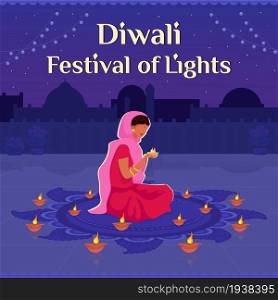Festival of Lights social media post mockup. Diwali, Festival of Lights phrase. Web banner design template. Deepavali booster, content layout with inscription. Poster, print ads and flat illustration. Festival of Lights social media post mockup
