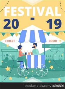 Festival of Street Food Flat Vector Advertising Banner, Promo Poster or Flyer Template. Woman Sitting on Bar Stool, Client Buying and Drink Cocktail, Seller Selling Drinks in Street Cafe Illustration