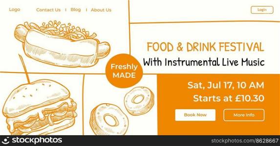 Festival with food and drinks, live instrument music and entertainment. Event for gourmets, cultural meeting special occasion. Website landing page template, internet site. Vector in flat style. Food and drink festival, instrumental music live