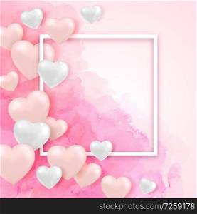 Festive background for Valentine’s day with heart balloons, white frame and pink watercolor texture. Vector illustration. Valentine greeting card design