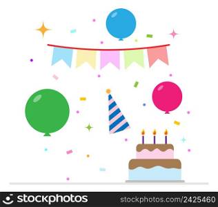 Festive background with balloons and cake. Background for birthday, name day and holidays