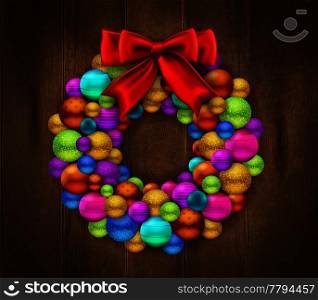 Festive  background with fragment of wooden door decorated by wreath made of colorful christmas balls and red bow realistic vector Illustration. Christmas Wreath Wooden Background