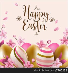 Festive background with pink and golden Easter eggs and cherry flowers. Vector illustration. Happy Easter lettering