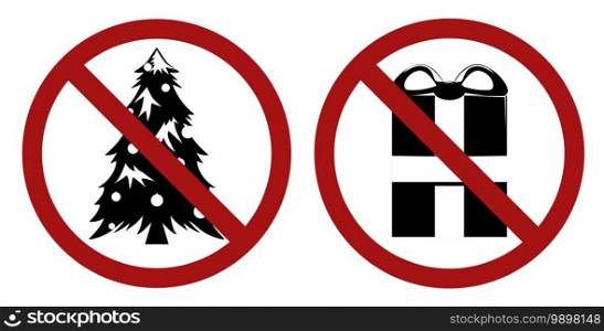 Festive balck silhouette of fir and gift box in prohibition sign. Forbid on celebrations and giving gifts. Ban on Christmas. Vector sign for logos, icons, stickers and your design. Festive balck silhouette of fir and gift box in prohibition sign. Forbid on celebrations and giving gifts. Ban on Christmas. Vector sign