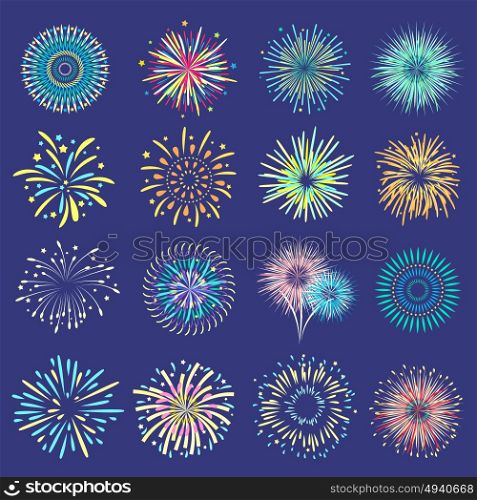 Festive Balls On Dark Blue Background . Brightly festive isolated firework bursts in ball form on dark blue background flat vector illustration