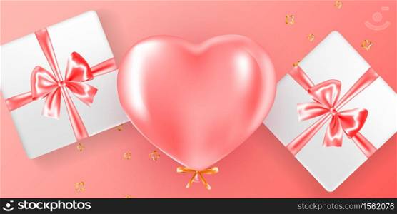 Festive banner with pink helium balloon. Frame composition with space for your text. Romantic background. Valentine&rsquo;s day concept .
