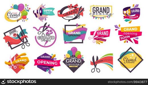 Festive banners and badges for grand opening of shop, store or mall. Emblems with cutting scissors, inflatable balloons and stars decoration. Advertisement and marketing. Vector in flat style. Grand opening cutting scissors and ribbons banner
