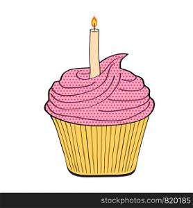 Festive birthday cupcake with candle on white, stock vector illustration