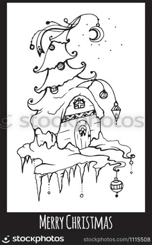 Festive black and white Christmas card with a hand-drawn picture and wish for your creativity