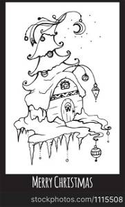 Festive black and white Christmas card with a hand-drawn picture and wish for your creativity