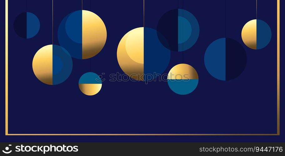 Festive blue and gold frame with bells for greeting and invitation card. Festive abstract balls. Holiday theme. Vector art