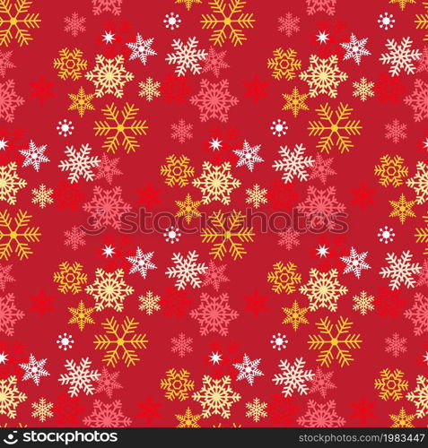 Festive bright seamless pattern of gold, silver and red snowflakes on a Burgundy background, vector for Christmas and new year design