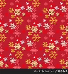Festive bright seamless pattern of gold, silver and red snowflakes on a Burgundy background, vector for Christmas and new year design