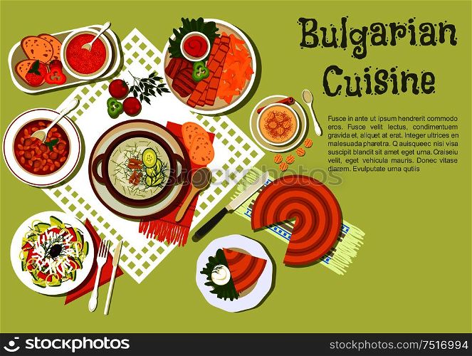 Festive bulgarian dishes flat icon with kebabs served with fried potatoes and tomato sauce, cold yogurt soup tarator with cucumbers, vegetable salad with brine cheese, bean stew, tomato soup, banitsa pie with cheese, yogurt dessert with fried pastries, homemade bread. Bright festive menu icon of bulgarian cuisine