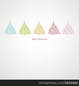 festive card design with a row of christmas trees in various stylization and greetings