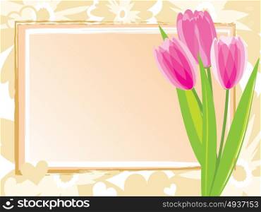 Festive card with pink tulips. Vector illustration.