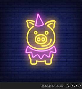 Festive cartoon pig in birthday hat. Neon sign element. Night bright advertisement. Vector illustration for restaurant, menu, celebration, holiday
