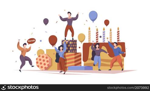 Festive characters. People celebrate party holding gifts standing near big cake garish vector concept background. Illustration party celebration, celebrate birthday. Festive characters. People celebrate party holding gifts standing near big cake garish vector concept background