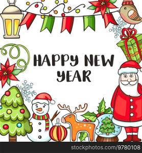 Festive Christmas and New Year background with Santa Claus and Christmas decorations. Hand drawn vector illustration