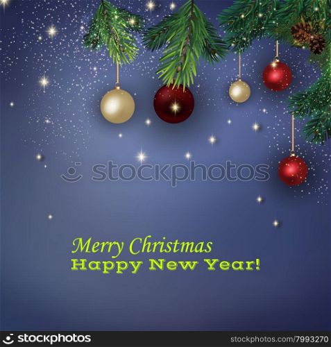 Festive Christmas background with Christmas toys and spruce branches. Blue background. greeting Christmas card