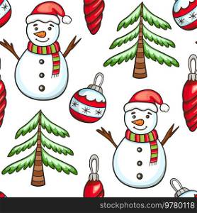 Festive Christmas seamless pattern with snowman and Christmas decorations on a white background. Hand drawn doodle vector background