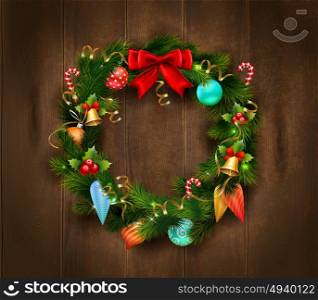 Festive Christmas Wreath Poster. Festive Christmas wreath poster with balls candies bells and bow on wooden background isolated vector illustration