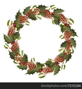 Festive Christmas wreath with pine cones, sprigs of mistletoe and holly. Empty space for inserting text. Vector.